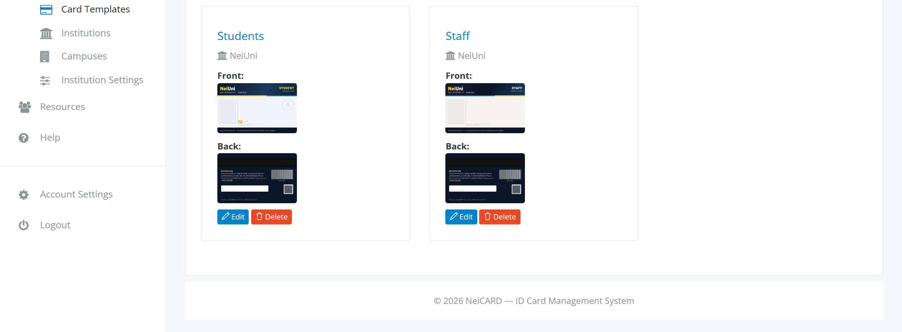 Card templates per institution with front and back artwork